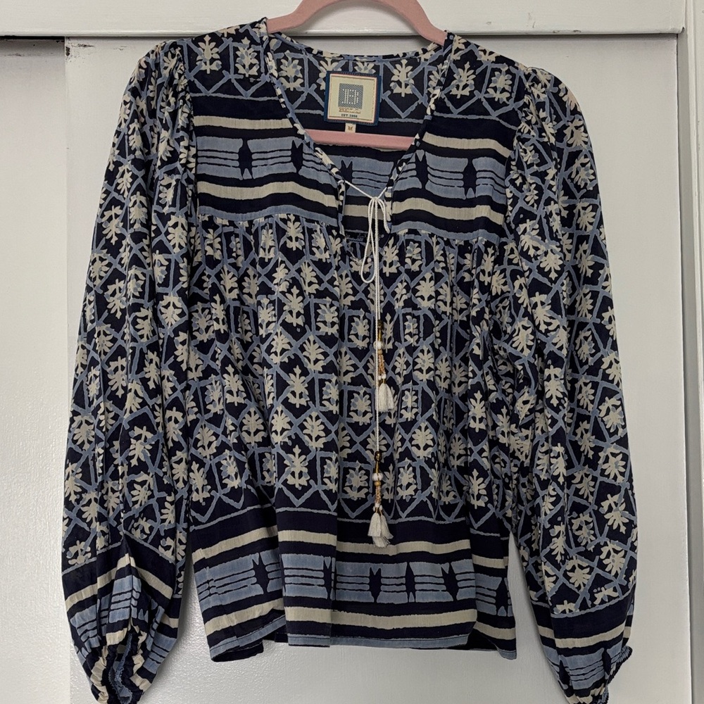 Woven Navy and Cream Peasant Blouse with Tassel Tie